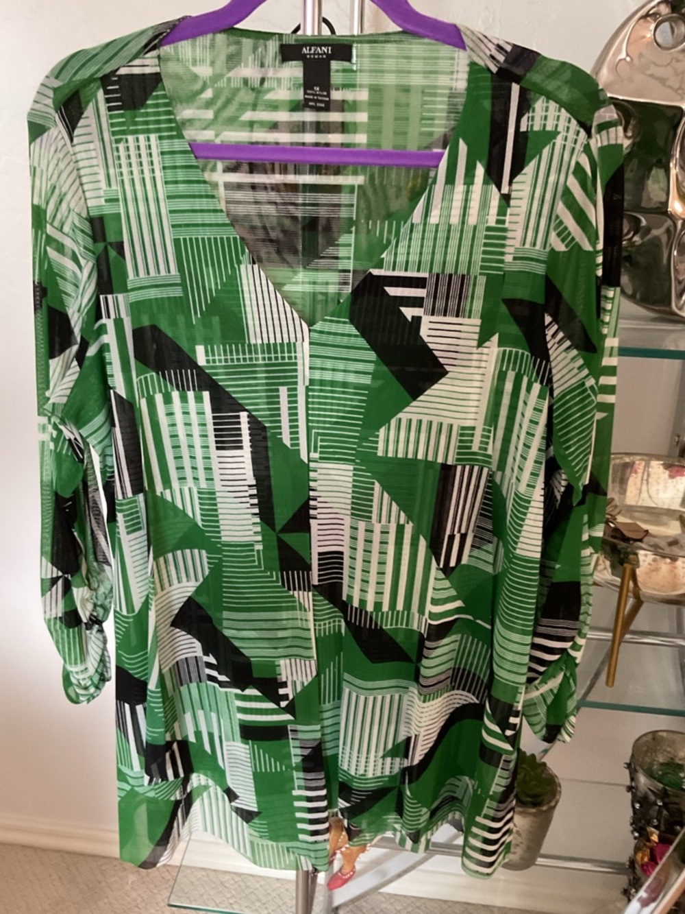 Alfani Green Black White Geometric V-Neck Top
